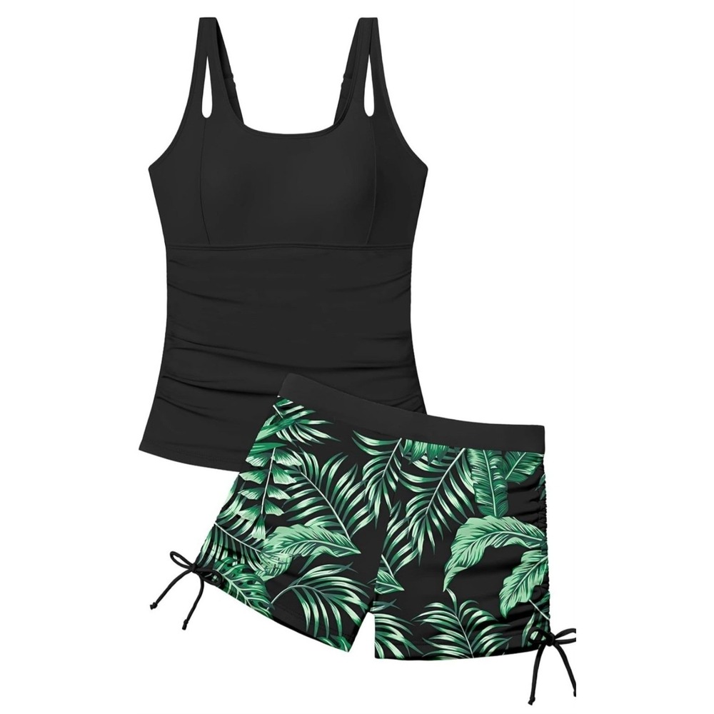 Girls tankini 2 piece swimsuit tropical black and green board shorts 15-16 - Picture 2 of 5